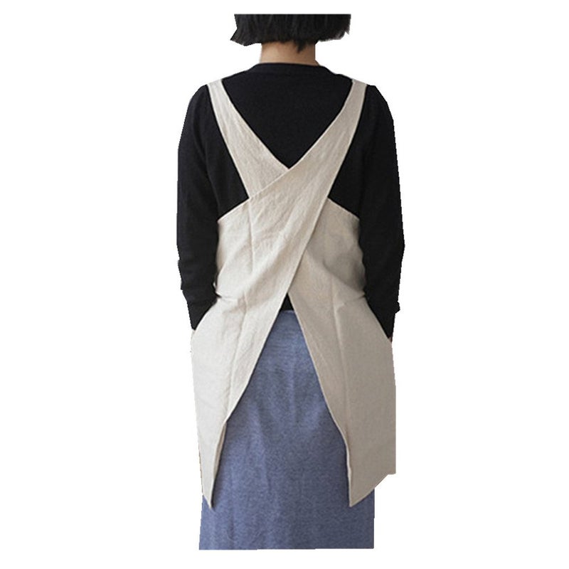 AOBBYBBS Soft Cotton Linen Apron Solid Color Halter Cross Bandage Aprons Japanese Style X Shape Double Pockets Kitchen Cooking Clothes Gift for Women Chef Housewarming -Beige - Image 3